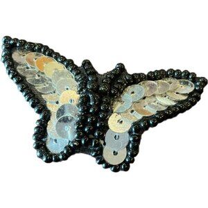 Butterfly Sequin Beaded Brooch Pin - Handmade Black & Silver